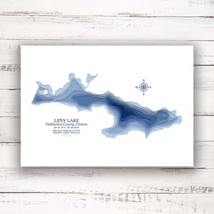 Lipsy Lake Comté de Haliburton | Carte bathymétrique | Poster imprimé | Carte personnalisée du lac | Art mural du comté de Haliburton | Art de la carte du lac | Cadeau chalet