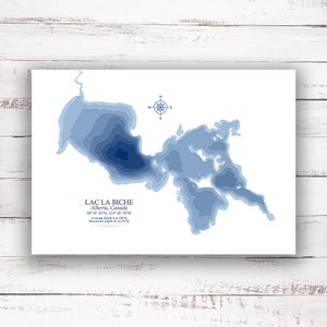 Lac La Biche Alberta | Impression de carte bathymétrique | 12"x18" à 28"x40"| Idée cadeau lac | Impression d'affiche | Carte personnalisée du lac | Cadeau de chalet