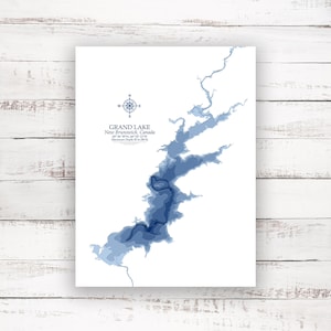 Grand Lac | Fredericton Nouveau-Brunswick | Carte bathymétrique | Imprimer l’affiche | Carte personnalisée du lac | Art mural du Nouveau-Brunswick | Art de la carte du lac | Idée de cadeaux de chalet