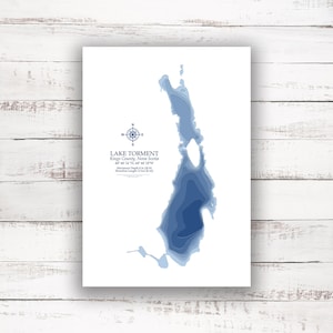 Lac Torment Nouvelle-Écosse | Carte bathymétrique Imprimer | 12"x18 » à 28"x40"| Idée cadeau lac | Affiche Imprimer | Carte personnalisée des lacs | Cadeau de chalet