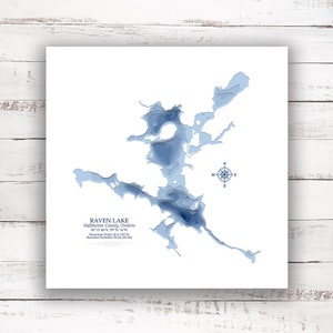 Raven Lake Ontario | Carte bathymétrique Profondeur du lac Imprimer | 12"x12 » à 20"x20 » | Carte personnalisée | Affiche Imprimer | Carte personnalisée des lacs | Lac Gift