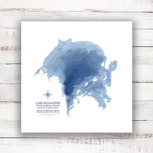 Lac Wanapitei Grand Sudbury | Carte bathymétrique Imprimer | 12"x12 » à 28"x28"| Idée cadeau lac | Affiche Imprimer | Carte personnalisée des lacs | Cadeau de chalet