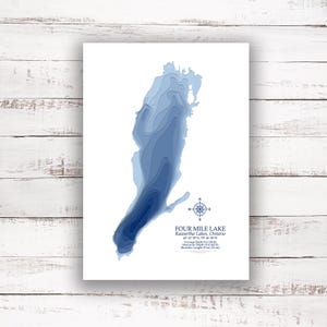 Lac Four Mile Lacs Kawartha | Lac, carte | Carte bathymétrique | Carte personnalisée du lac | Impression poster 2D | Art de la carte du lac | Idée cadeau chalet chalet