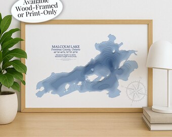 Malcolm Lake Map | Frontenac County Cloyne | Custom Lake Map | Bathymetric Print | Lake Depth Map | Cabin Gift | Cottage Wall Art