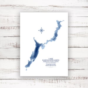 Lac Kashagawigamog Ontario | Impression de carte bathymétrique | 12"x16" à 30"x40" | Idée cadeau lac| Affiche imprimée | Carte personnalisée du lac | Cadeau chalet