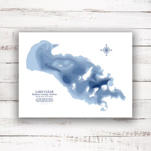 Lac Clear Eganville Ontario | Carte bathymétrique | Imprimer l’affiche | Carte personnalisée du lac | Renfrew | Art de la carte du lac | Idée de cadeaux de chalet