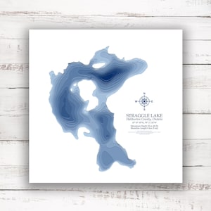 Straggle Lake Haliburton Highlands Ontario | Carte bathymétrique Imprimer | 12"x12 » à 28"x28 » | Affiche Imprimer | Carte personnalisée des lacs | Cadeau de chalet