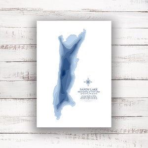 Sandy Lake Kawartha Lakes Ontario | Carte bathymétrique Imprimer | 12"x18 » à 28"x40"| Lac Gift | Affiche Imprimer | Carte personnalisée des lacs | Cadeau de chalet