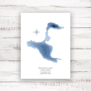 Skeleton Lake Alberta | Carte bathymétrique Imprimer | 12"x16 » à 30"x40 » | Idée cadeau du lac| Affiche Imprimer | Carte personnalisée des lacs | Cadeau de cabine