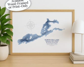 North Tea Lake Map | Algonquin Park  | Custom Lake Map | Bathymetric Print | Lake Depth Map | Cabin Gift | Cottage Wall Art