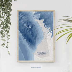 Comté de Bruce Péninsule de Bruce | Carte du lac | Carte bathymétrique | Carte personnalisée du lac | Impression poster 2D | Art de la carte du lac | Idée cadeau chalet chalet