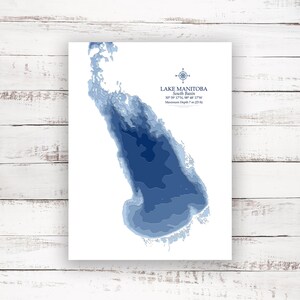 Lac Manitoba Bassin Sud | Carte bathymétrique Imprimer | 12"x16 » à 30"x40 » | Idée cadeau lac | Affiche Imprimer | Carte personnalisée des lacs | Cadeau de pêche