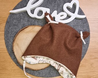 Ohrenmütze KU 44-46cm Öhrchenmütze Bindemütze Fliegermütze Braun beige Rehe Waldtiere Waldfreunde