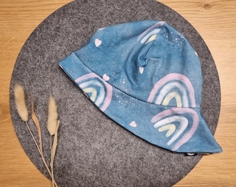 Sonnenhut Jersey Baby Kinder Hut Sommer Mütze Fischerhut blau Regenbogen Herzen