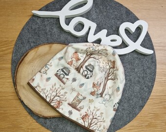 Beanie Mütze Kinder KU 47-59cm Mädchen Junge Waldfreunde Waldtiere Reh Braun beige