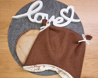 Ohrenmütze KU 50-52cm Öhrchenmütze Fliegermütze Braun beige Rehe Waldtiere Waldfreunde