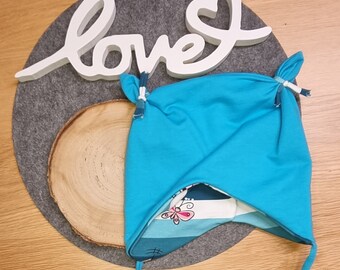 Ohrenmütze KU 48-50cm Öhrchenmütze Bindemütze Mütze Kinder Baby türkis blau Streifen Schmetterling