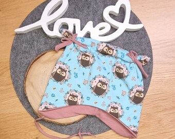 Ohrenmütze KU 48-50cm Öhrchenmütze Bindemütze Mütze Kinder Baby blau rosa Eule Blumen