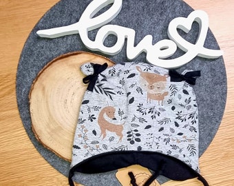 Ohrenmütze Loop Schal KU 42-44cm Mützenset Öhrchenmütze Bindemütze Mütze Kinder Baby Reh Waldtiere Schwarz grau