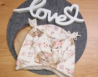 Ohrenmütze KU 50-52cm Öhrchenmütze Fliegermütze Mütze Kinder Baby beige rosa Reh Blumen