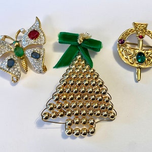 Christmas Tree Goldtone Pin, Butterfly Pin, and Irish Tara Brooch
