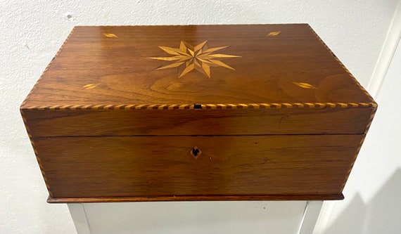 Antique Inlaid Wood Jewelry Box with Secret Compa… - image 1