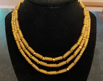 MCM Trifari 3-Strand Goldtone Necklace with Aurum Nugget Beads 1950s | Mid Century Barrel Bead Jewelry