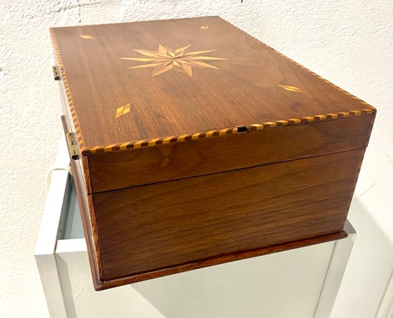 Antique Inlaid Wood Jewelry Box with Secret Compa… - image 9