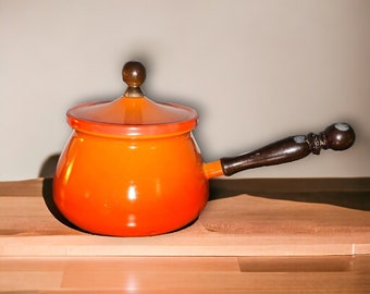 Vintage MCM 1970s Naranja Retro Metal/Madera Mango Fondue Pot 4.5/5"