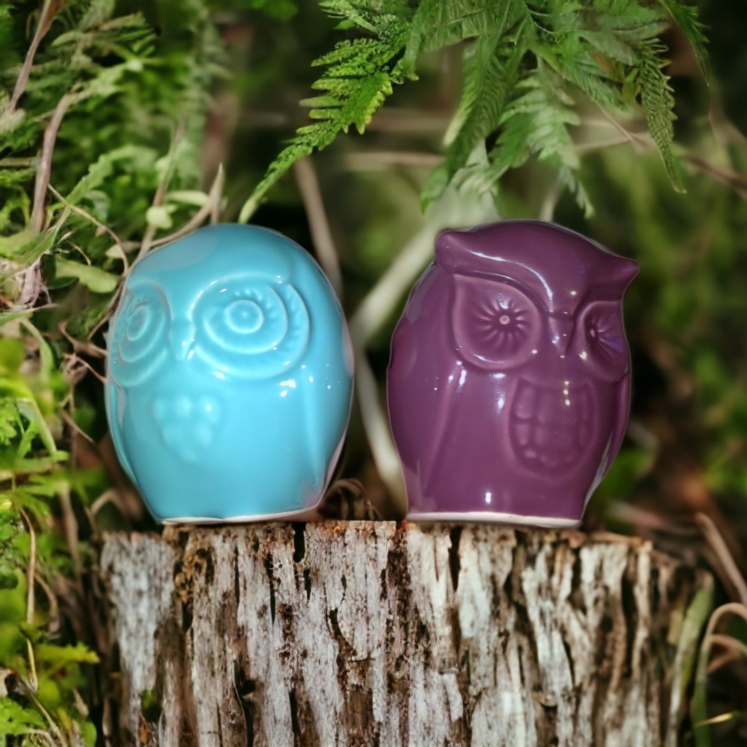Vintage Mini Taper Owl Candle Holder Set Blue & Purple Ceramic Etsy