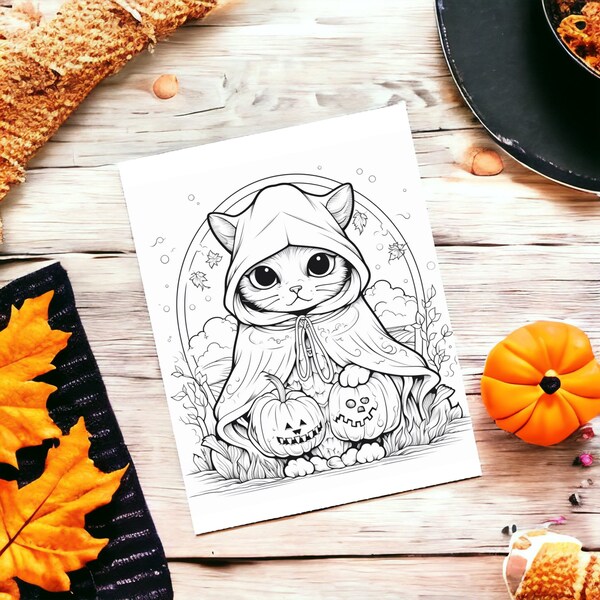 Halloween Coloring Book Page - Instant Download! Printable Page! Spooky Cat In Costume | Holiday Cute Costume Jack-o-Lantern