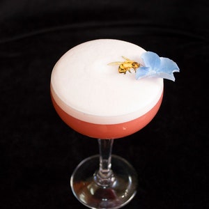 May include: A pink cocktail with a white foam top, garnished with a blue flower and a small bee illustration.