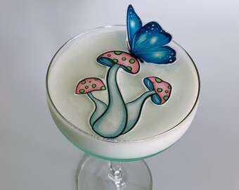 Champignons et papillons d'art comestibles pour boissons et desserts, décorations de cocktails