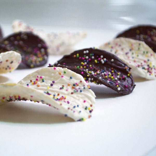 Chocolate Covered Potato Chips, Birthday Cake Chips, White and dark chocolate covered pringles with colorful rainbow sprinkles