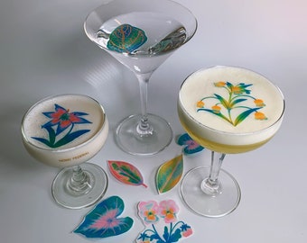 Décorations de cocktail florales exotiques : décorations comestibles en papier pour gaufrettes (paquet de 25)