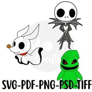 Pode incluir: Arte digital com personagens de O Estranho Mundo de Jack. Inclui Jack Skellington, Zero e Oogie Boogie. A imagem também inclui o texto "SVG-PDF-PNG-PSD-TIFF".