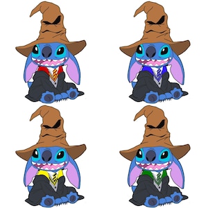 May include: Four cartoon images of Stitch wearing a brown wizard hat and a black robe. Each Stitch has a different colored tie: red and gold, blue and silver, yellow and black, and green and silver. The background is white.