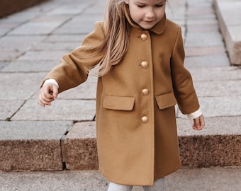 Long sleeve girl's jacket, golden buttons fastening, classic style autumn wear for toddler girl, suitable for EU size 92