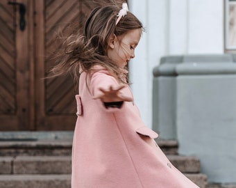 Tessuto in lana rosa polveroso misto mohair, taglia UE 104, vestito principe a maniche lunghe cappotto autunnale da ragazza formale, vestito da ragazza carino