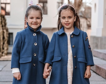 Long sleeve blue coat, cute and elegant girl's coat, size 92-98, wool blend autumn jacket, coat for girls, classic design girl coat