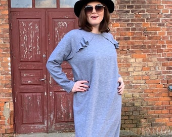 Robe en laine à manches longues, vêtements en cachemire bleu clair pour femmes, robe à manches longues en cachemire, taille XL-XXL disponible