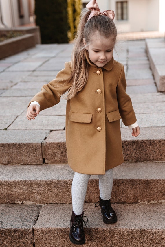 Size Eu 86 Coat Brown Camel Woolen Coat for Girl Elegant Design