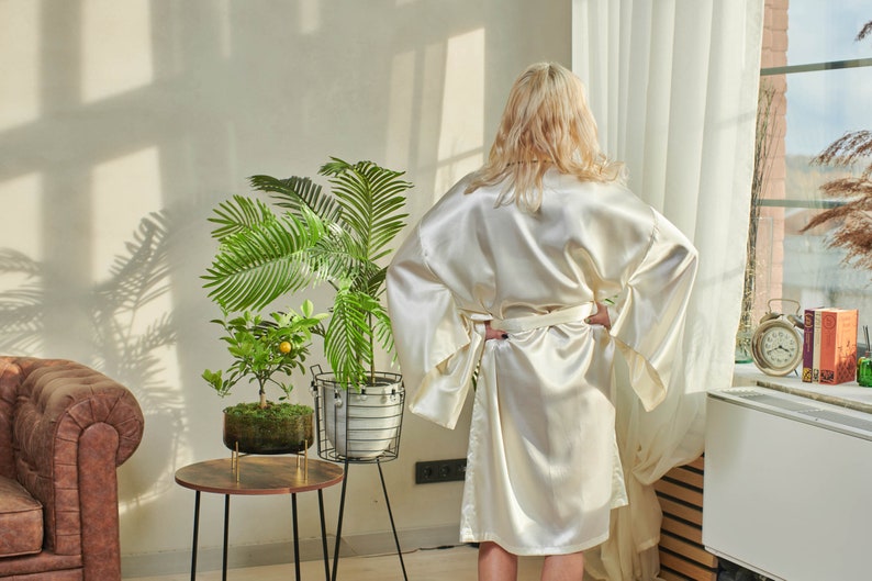 Bridal party robe, Japanese kimono sleeves, white satin robe, dressing gown, honeymoon lounge wear, Japanese dressing gown