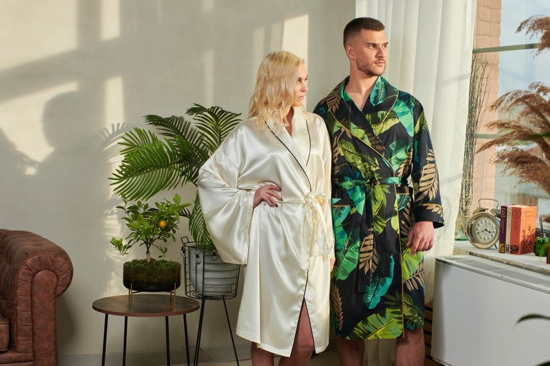 Bridal party robe, Japanese kimono sleeves, white satin robe, dressing gown, honeymoon lounge wear, Japanese dressing gown