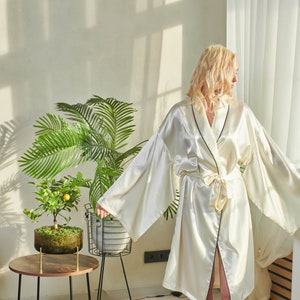 Bridal party robe, Japanese kimono sleeves, white satin robe, dressing gown, honeymoon lounge wear, Japanese dressing gown