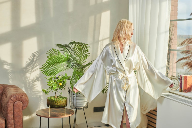 Bridal party robe, Japanese kimono sleeves, white satin robe, dressing gown, honeymoon lounge wear, Japanese dressing gown