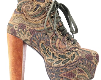 Jeffrey Campbell Tapestry Boots Platform Heels Y2K Vintage Green Wedding Boots Sky Heels Ankle Boots Olive Green Boots US 6.5 EU 37 UK 4