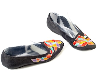 Embroidered Silk Ballerinas Shoes 90s Raw Silk Shoes Bright Ballerinas Black Ballet Shoes Flats Silk Embroidery Shoes US 6.5 UK 4 EU 37