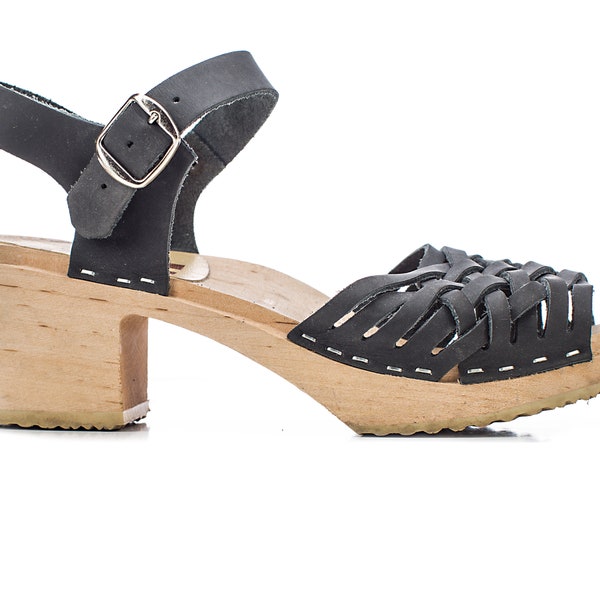 Sabots en bois scandinaves tressés noirs des années 70 sandales tissées en cuir bois plate-forme Mules sabots suédois grosses sandales noir US 8,5 EU 39 UK 6