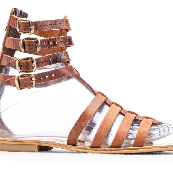 Greek Sandals Gladiator Tall Sandals Brown Y2K Handmade Leather Sandals Leather Strap Sandals Grecian Ancient Sandals US 6.5 UK 4 EU 37